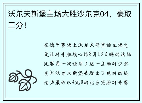 沃尔夫斯堡主场大胜沙尔克04，豪取三分！