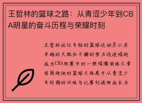 王哲林的篮球之路：从青涩少年到CBA明星的奋斗历程与荣耀时刻
